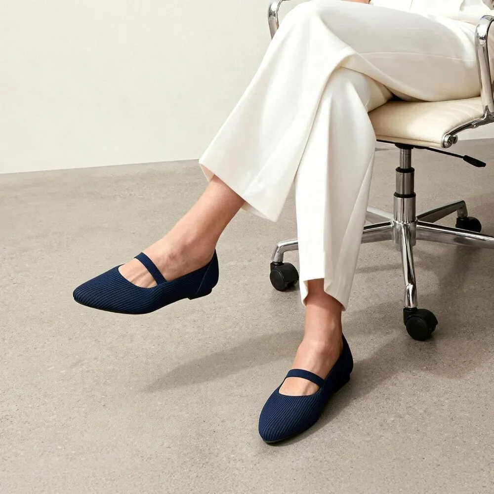 Women's Navy Knit Ballet Pointed Toe Comfortable Dressy Mary Jane Flats Shoes